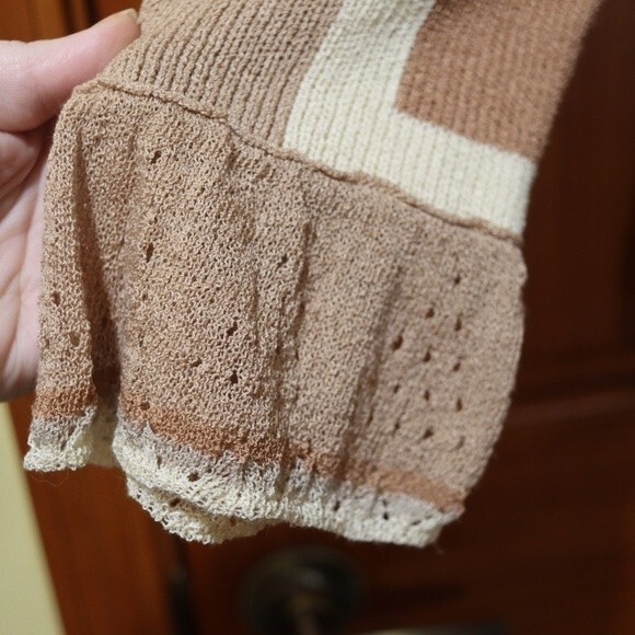 Wildroot Retro Ruffle Vintage Cardigan Sweater LG Shades of Brown Geometric - Picture 5 of 13